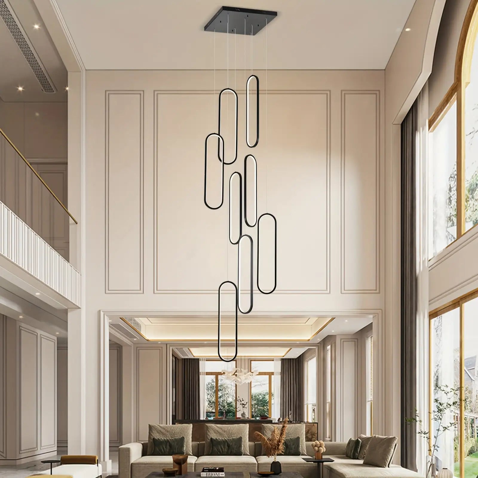Modern 8-light large chandelier, suitable for high ceilings - dimmable LED hall pendant light with remote control, 3000K-6500K color temperature, semi-flush mount installation and hardwired infrared sensor, black metal staircase chandelier