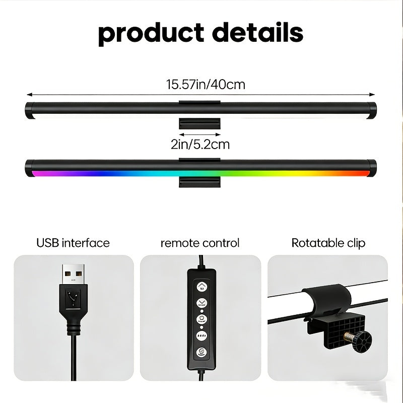 15.57-inch RGB dual-sided screen light, USB screen ambiance light, lighting tube, desk lamp, three-color adjustable, RGB幻彩, five-button USB wired control, 45-degree adjustable angle, eye-protection light, reading light, cool lighting modes