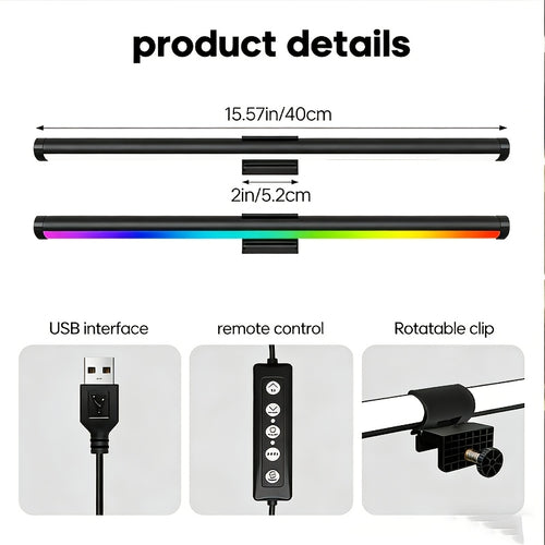 15.57-inch RGB dual-sided screen light, USB screen ambiance light, lighting tube, desk lamp, three-color adjustable, RGB幻彩, five-button USB wired control, 45-degree adjustable angle, eye-protection light, reading light, cool lighting modes