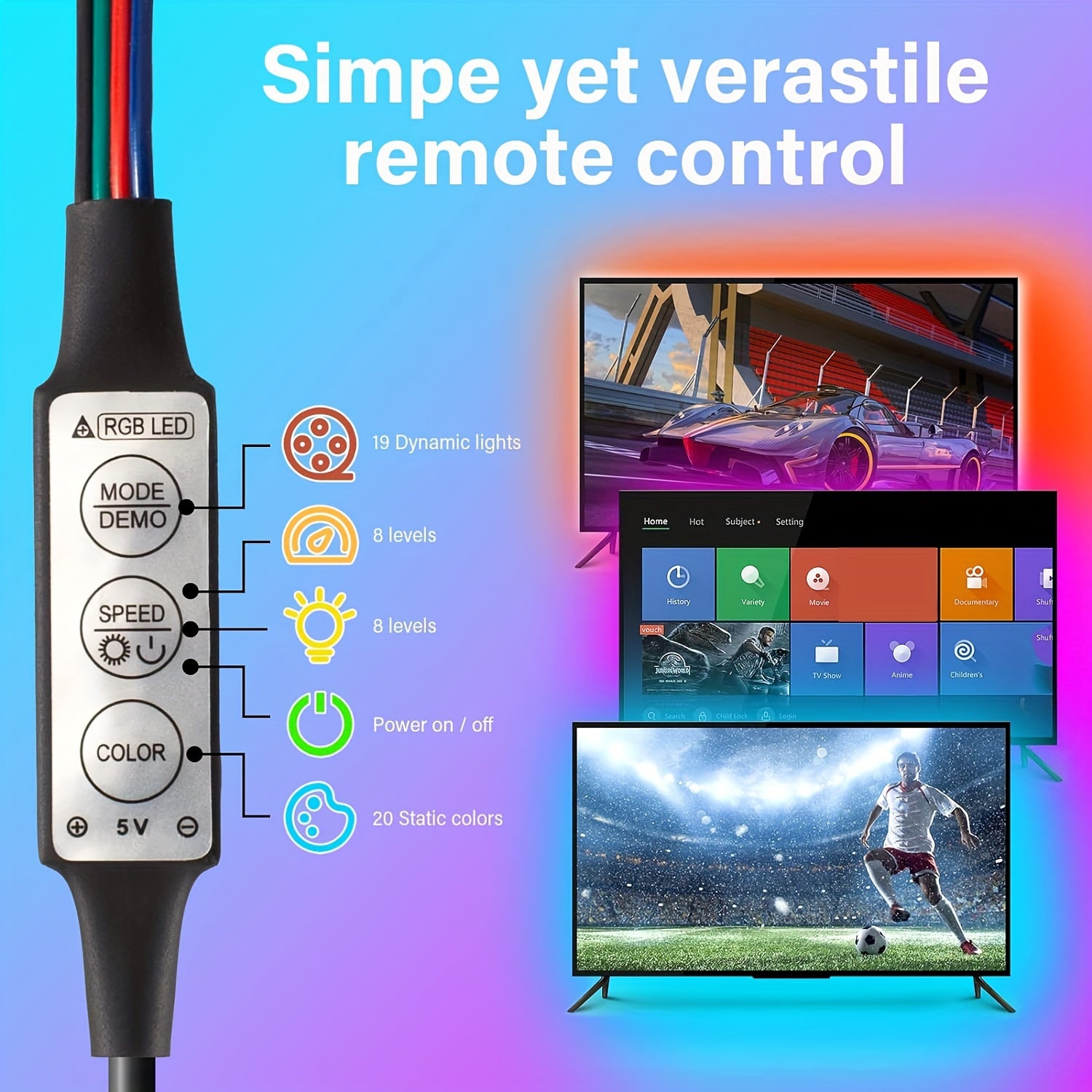 1个LED电视背光灯条，尺寸可选39英寸、118英寸和196.85英寸。这款USB LED灯条专为电视和显示器背光设计。