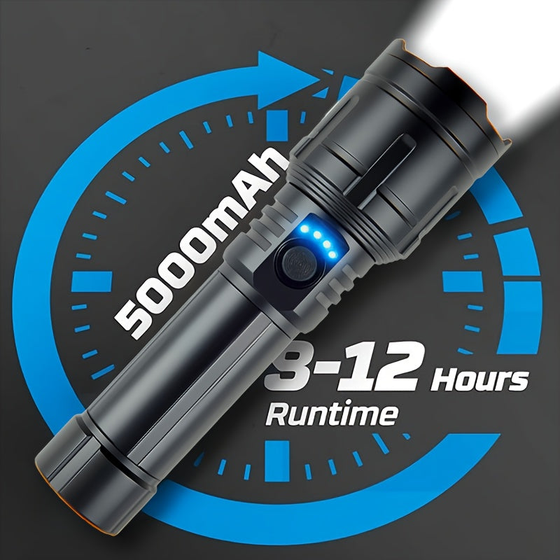 Ignition Aluminum Alloy Flashlight, Fresnel Lens Equipped, Rechargeable LED Light, 5 Modes High Lumen Flashlight, 5000mAh Battery Type-C Fast Charging, Long Range IP44 Waterproof, Ideal for Camping Night Use and Gift Giving
