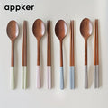 Appker Japanese Wooden Dinnerware Set 4-Piece – Colorful Long Handle Spoon & Chopstick Set – Handcrafted Reusable Cutlery Set for Halloween