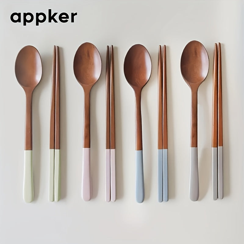 Appker Japanese Wooden Dinnerware Set 4-Piece – Colorful Long Handle Spoon & Chopstick Set – Handcrafted Reusable Cutlery Set for Halloween