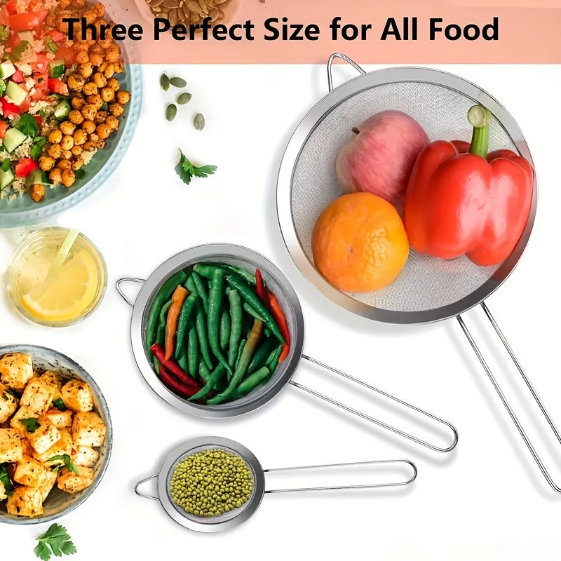3Pcs Stainless Steel Fine Mesh Strainer Set, Precision Sieve for Juice, Flour, Pasta, Fruits and Vegetables, Effectively Separate Snack Oil, Essential Kitchen Baking Tool with 3 Sizes for Multi-purpose Use