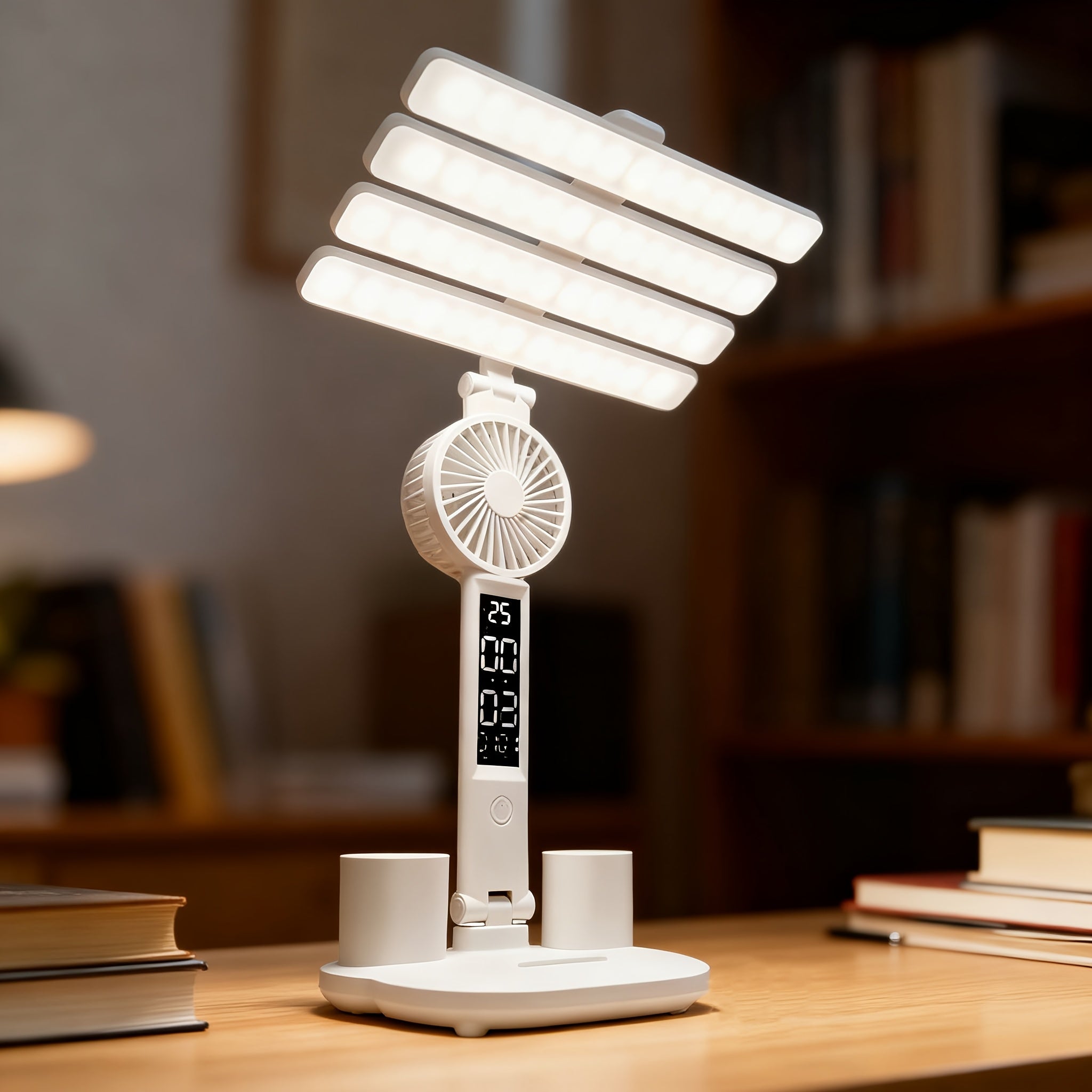 Multifunctional Folding Study Desk Lamp for Students, Built-in Fan, Clock & Temperature Display, Dual Pen Holder Storage, Phone Stand, Dimmable Eye-Caring Table Lamp, USB Powered