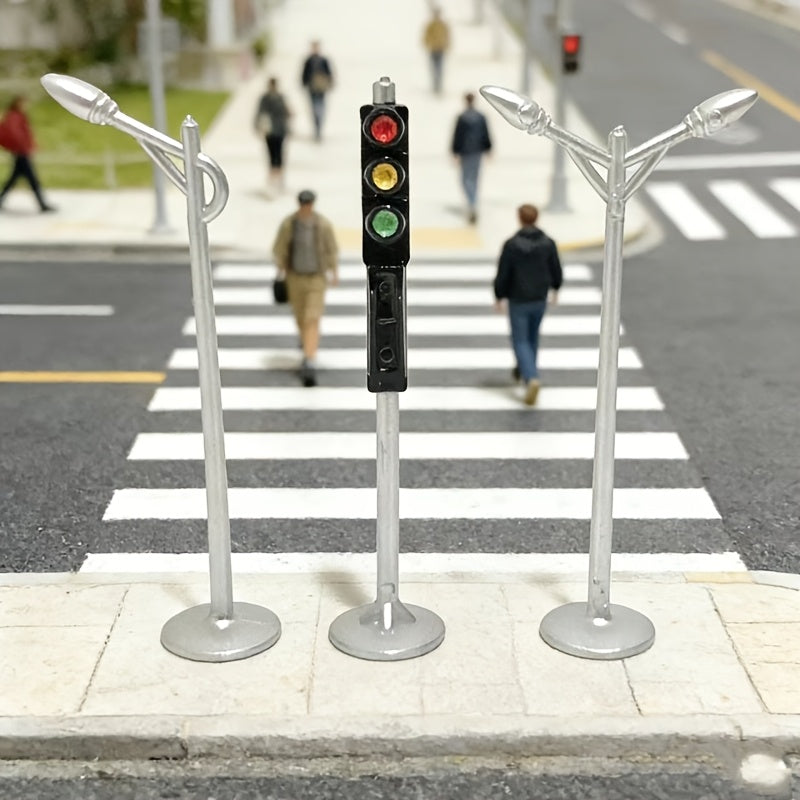 3pcs Miniature Traffic Light & Street Lamp Model Set, Dollhouse Simulation Street Scene Ornament, Signal Light for Sand Table & Architectural Scene Accessories