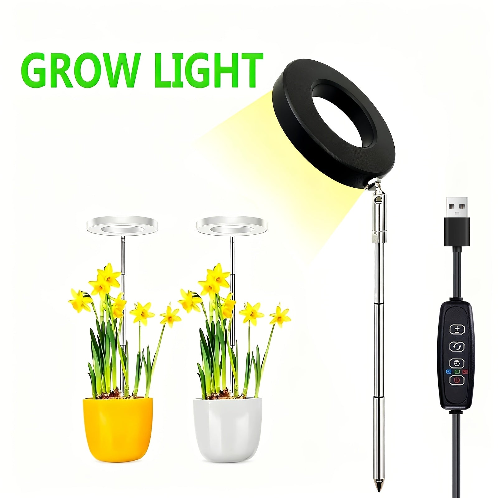 Indoor LED Plant Grow Light, Full Spectrum Ring Grow Light, 3 Colors, 10 Dimmable Levels, Auto Timer, USB Powered, Height Adjustable, Ideal for Succulents and Small Plants
