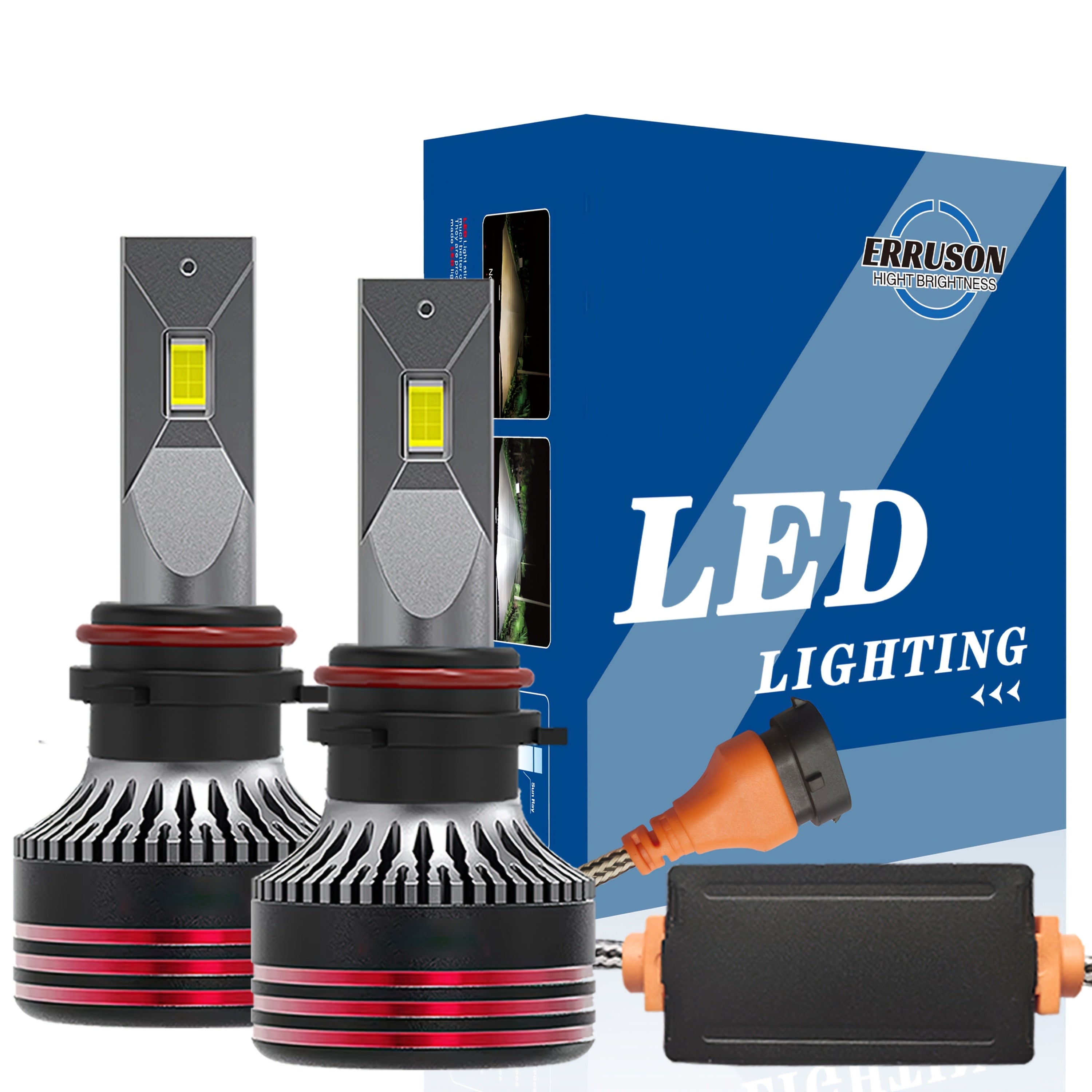 Erruson 2-Pack Upgraded 9005/HB3 9006/HB4 H7 H11 H4 H1 LED Headlight Bulbs High/Low Beam Integrated 50000 Lumens 500% Brightness Increase 6000K Color Temperature Plug-and-Play Cooling Fan