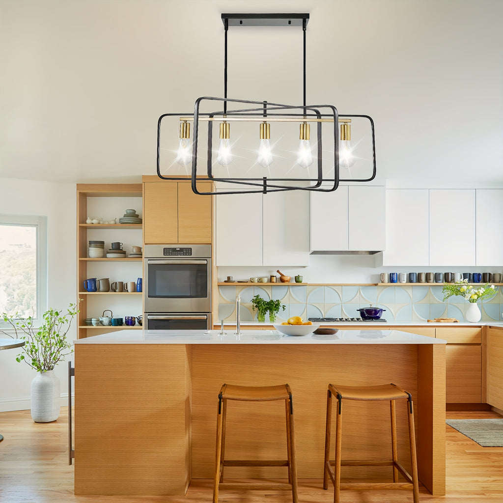 Modern farmhouse style 5-light pendant light, 34-inch rotatable rectangular kitchen island pendant light