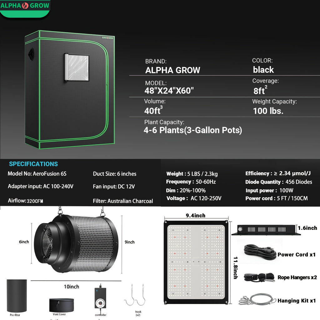 Professional 1800D 4x2 Grow Tent Kit 48"x24"x60", Complete Hydroponic System for Indoor Plants, 100W Full Spectrum LED Grow Light, 320CFM 6 Inch 2-in-1 Fan & Carbon Filter Combo 2398196504, High Reflective Mylar Lining