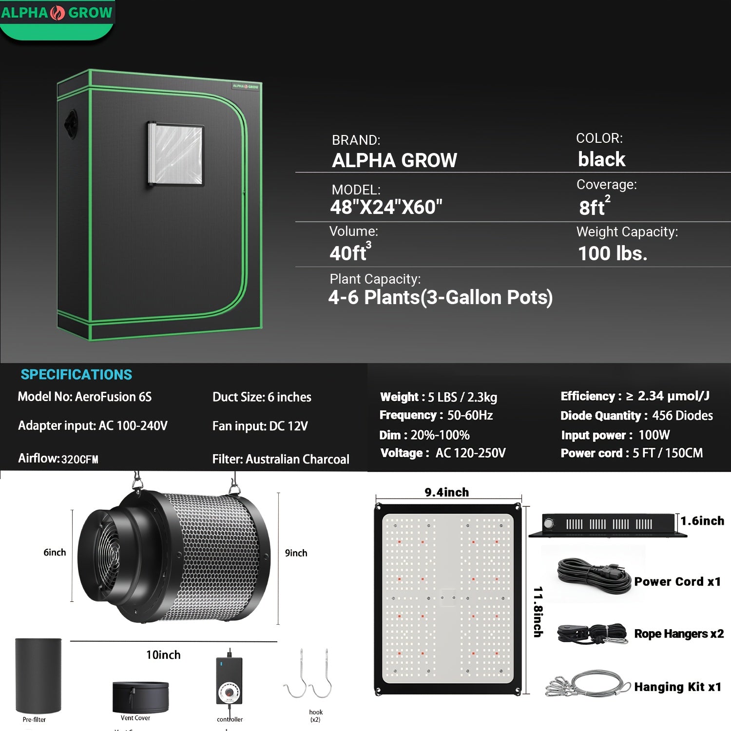 Professional 1800D 4x2 Grow Tent Kit 48"x24"x60", Complete Hydroponic System for Indoor Plants, 100W Full Spectrum LED Grow Light, 320CFM 6 Inch 2-in-1 Fan & Carbon Filter Combo 2398196504, High Reflective Mylar Lining