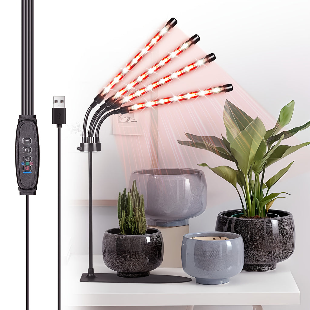 4-Head Plant Grow Light with Base, White & Warm White Spectrum for Indoor Plants, 10 Brightness Levels, 3/9/12H Timer, 3 Switch Modes, Adjustable Gooseneck, Ideal for All Kinds of Indoor Plant Growth
