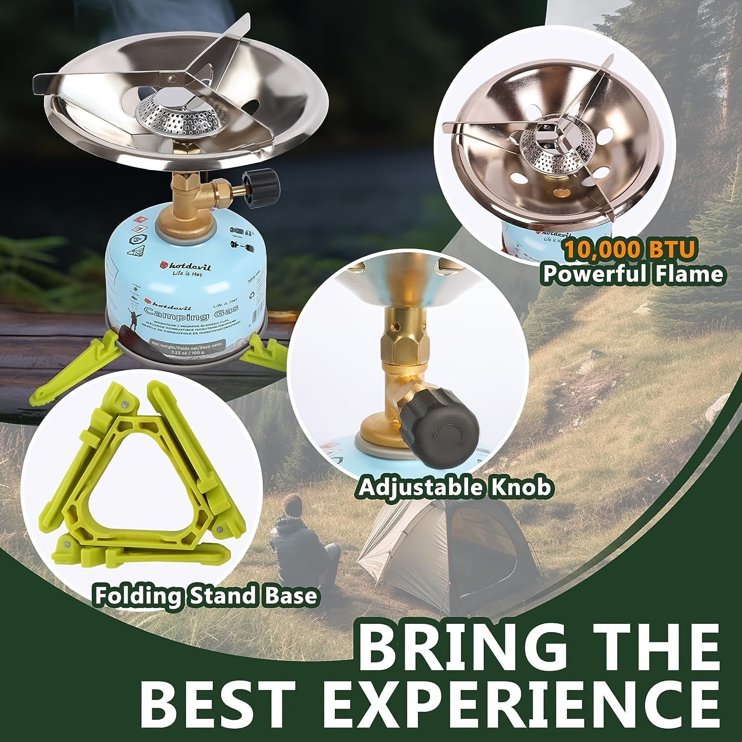 Portable Camping Stove Burner with Foldable Gas Canister Stand, Equivalent to a Bottle-Top Single Burner Camping Stove (Gas Canister Not Included)