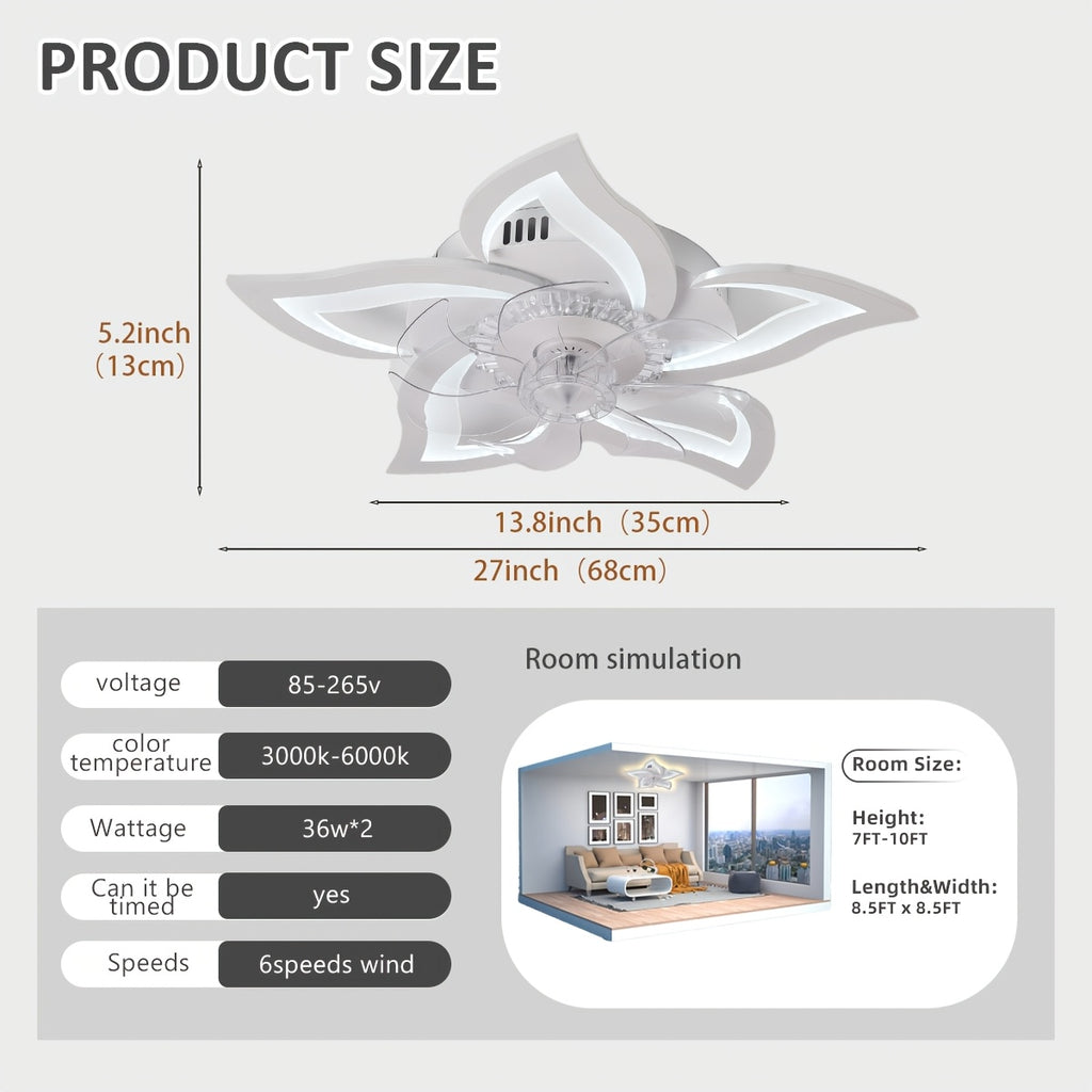 27 Inch Low Profile Ceiling Fan with LED Light and Remote Control, 3 Color Dimmable, Pure Copper DC Motor, 6-Speed Reversible, Base with Heat Dissipation Holes, Petal-Shaped Modern Ceiling Fan Light