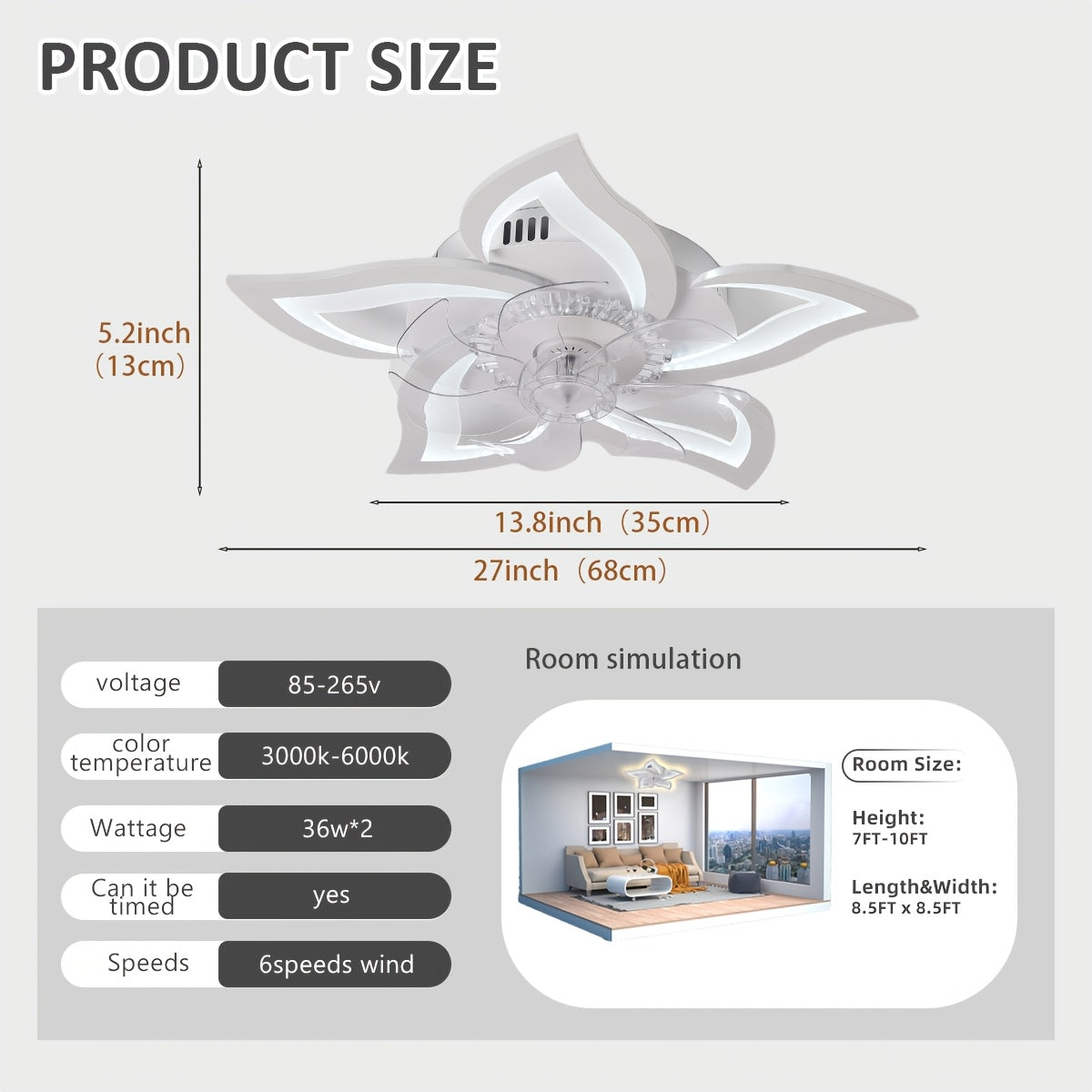 27 Inch Low Profile Ceiling Fan with LED Light and Remote Control, 3 Color Dimmable, Pure Copper DC Motor, 6-Speed Reversible, Base with Heat Dissipation Holes, Petal-Shaped Modern Ceiling Fan Light
