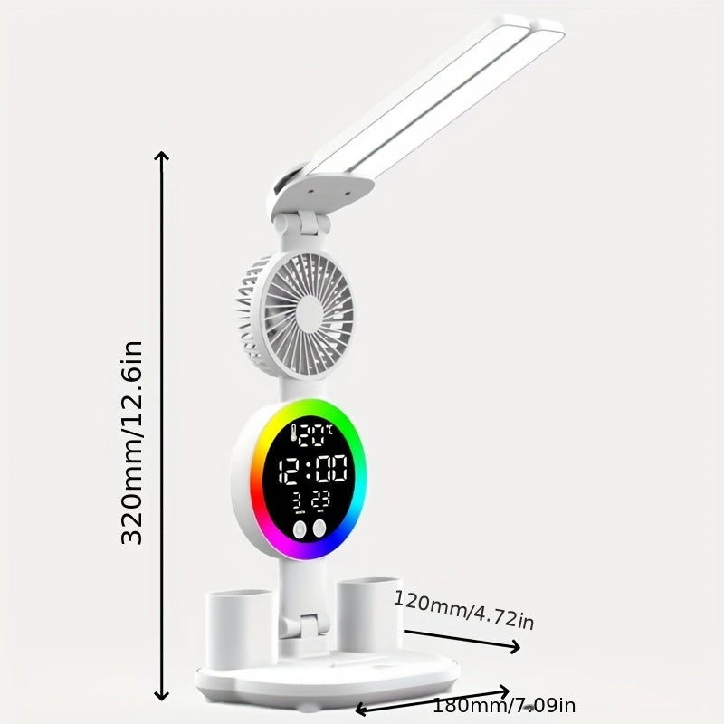 Smart Desk Lamp with 4 Light Poles, Built-in Fan Pen Holder Time Display, USB Powered Touch Control, 4-Head Adjustable Lighting, Time & Temperature Display Color Changing, Eye Protection Design, Ideal for Home Office Dorm Study, Perfect Gift