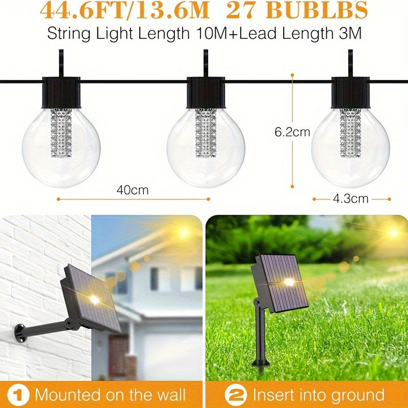 户外太阳能花灯，13.6 m/44.6 英尺 27 个 LED 防碎 G40 灯泡太阳能庭院串灯带 8 种模式防水露台吊灯适用于花园、派对、凉棚、庭院、凉亭（暖白色）