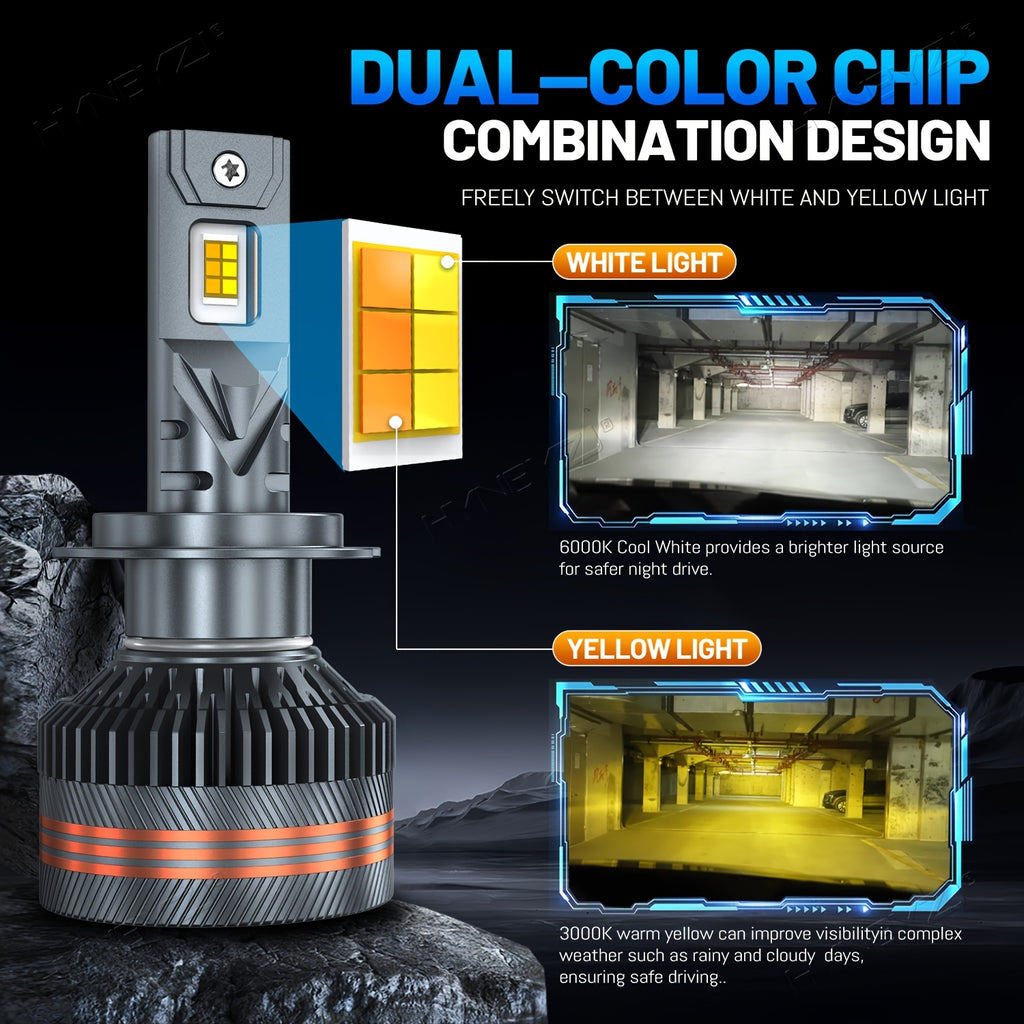Set of 2 H7 LED Headlights, Compatible with 9005/HB3, 9006/HB4, 9012, H11, H4 and H1 Bulbs, Available in 6000K White and 3000K Yellow Dual Colors, with One-Key Switch, High Brightness CSP Chip, No Battery Included