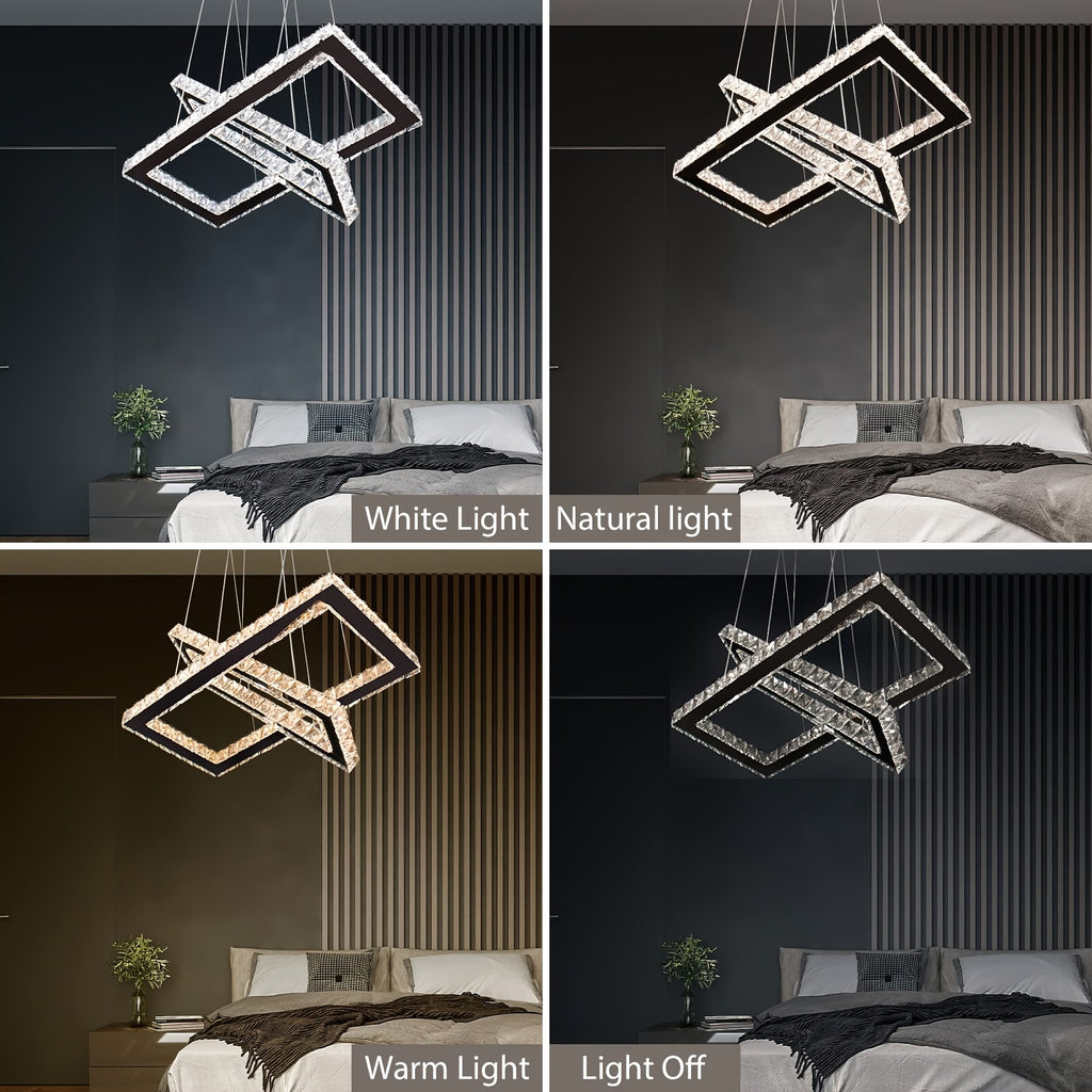 Modern pendant light with remote control, 20.5-inch LED dimmable 2-ring rectangular crystal chandelier adjustable height, dining room kitchen living room island light pendant light