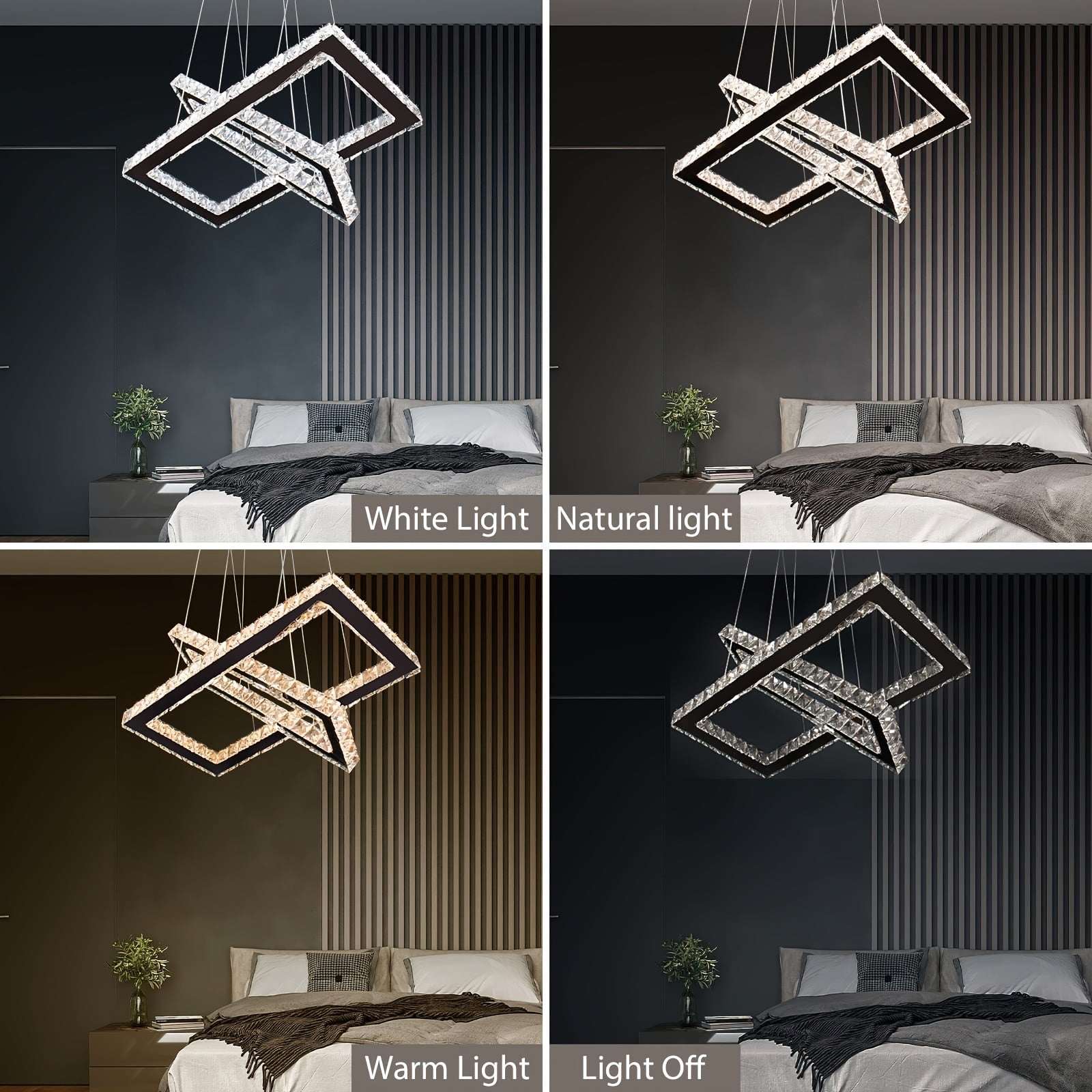 Modern pendant light with remote control, 20.5-inch LED dimmable 2-ring rectangular crystal chandelier adjustable height, dining room kitchen living room island light pendant light