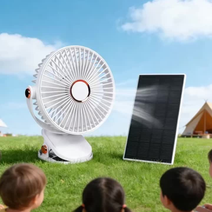 Solar Camping Fan Light - 5-Speed Rechargeable Clip-On Fan, Dual Power Supply (Solar & Battery), Built-in Rechargeable Lithium Battery, USB Charging Port and 5V Solar Panel - Multi-Scene Use: Picnic, Hiking, Fishing and Indoor Home Use During Hurricanes