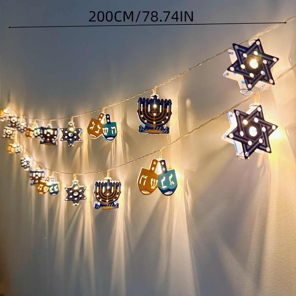 HANUKKAH LIGHTS，2米10灯光明节大卫之星灯串，LED六芒星烛台陀螺灯串，电池供电（不含电池），光明节礼物，光明节派对装饰品，适合房间卧室客厅餐厅壁炉楼梯橱窗装饰