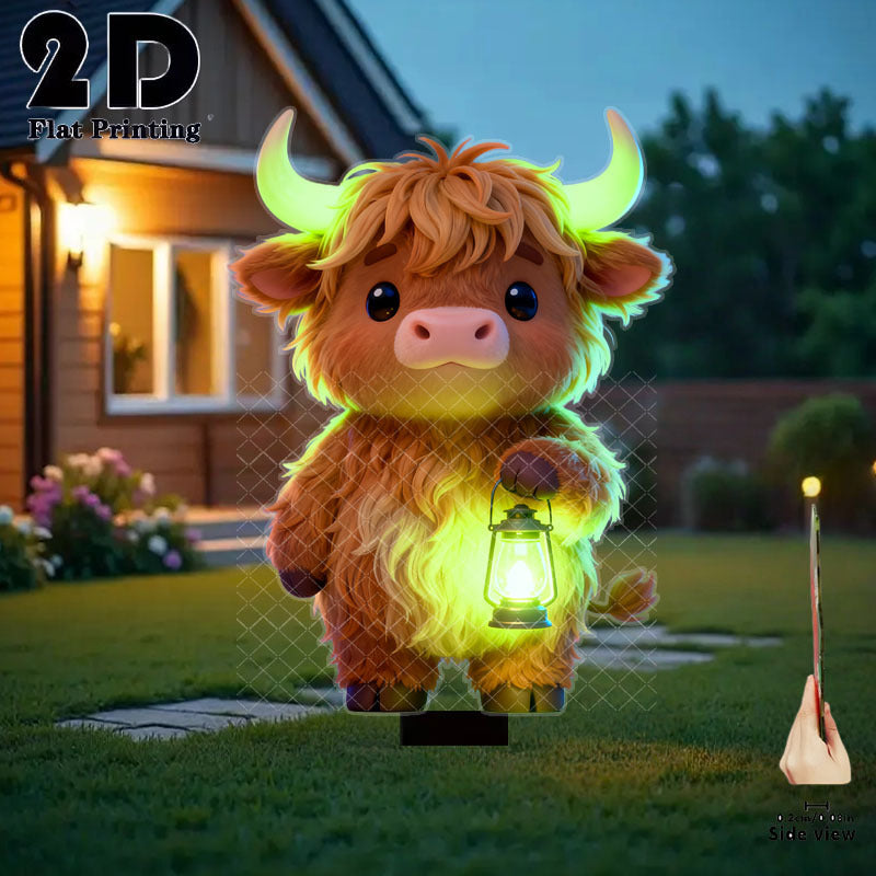 2D Flat 1 Piece Cute Highland Cow Holding Glow Light Garden Decoration Ground Insert, Outdoor Courtyard Garden Lawn Decorative Ornament, Garden and Flower Bed Decorative Stake, Perfect for Courtyard, Lawn, Bonsai - Festival Decoration