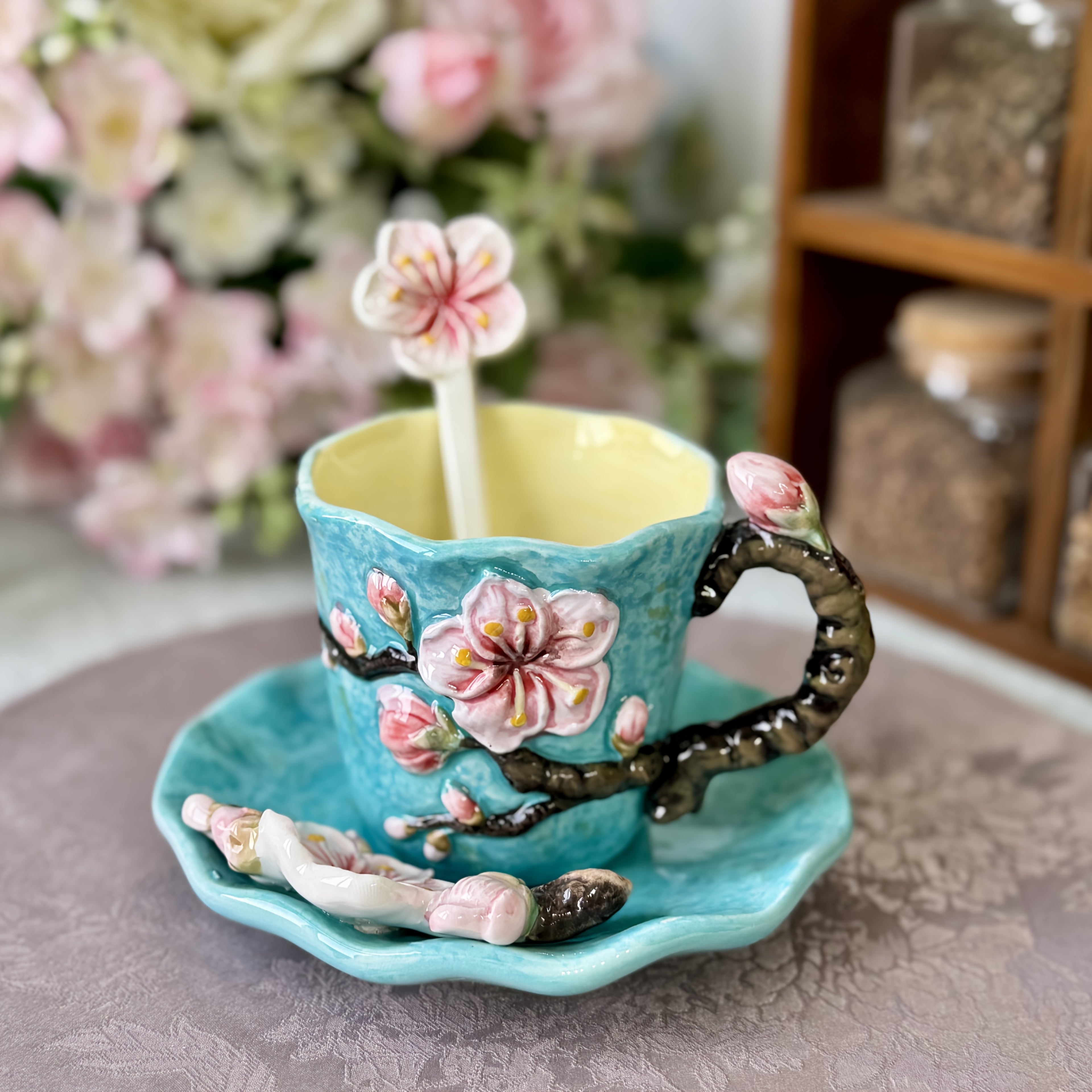 1SET Ceramic Hand-Painted Van Gogh Classic Oil Painting Cup & Saucer Set, 1PCS 3D Handmade Starry Sky, Almond Blossom, Sunflower, Iris Tea Cup & Coffee Cup, 1PCS Round Saucer, 1PCS Spoon, Exquisite Table Décor