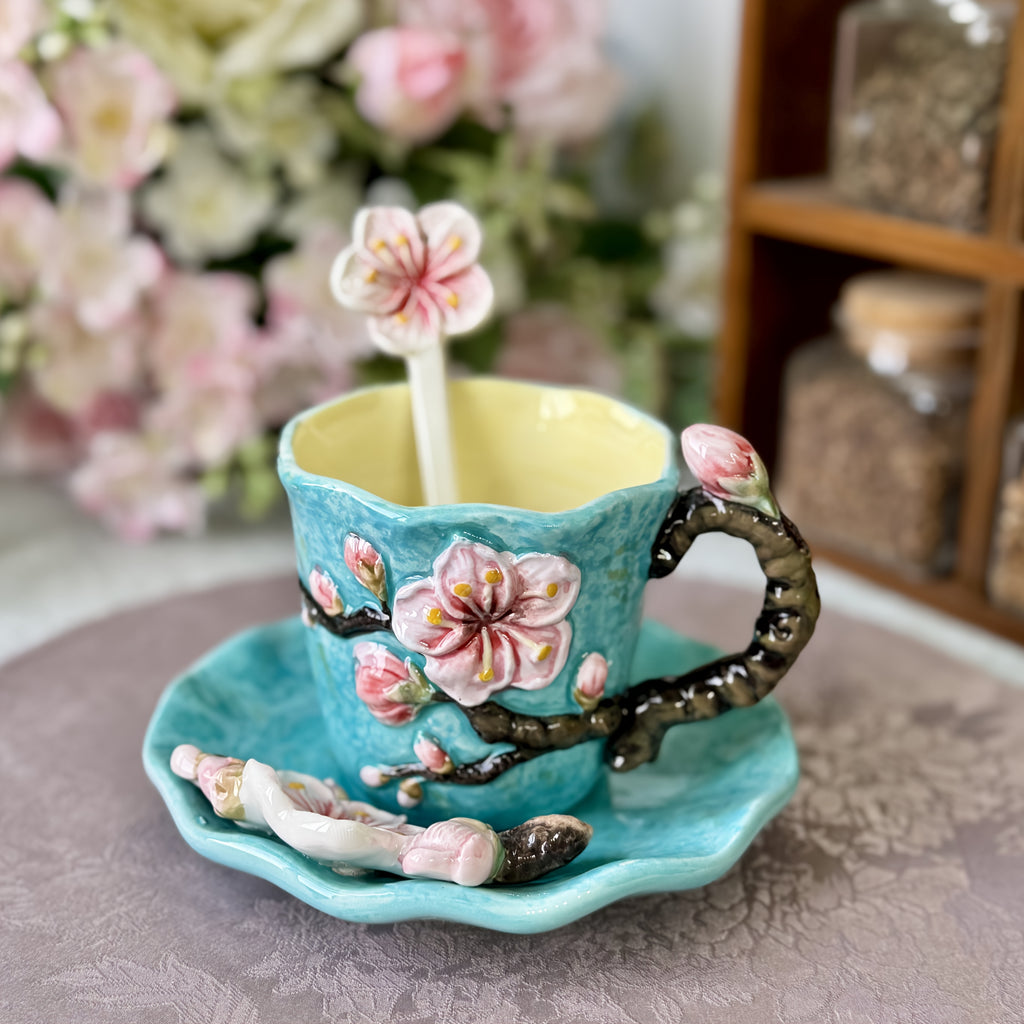 1 Set Ceramic Hand-Painted Van Gogh Classic Oil Painting Cup & Saucer Set, 1PC 3D Handmade Starry Sky, Almond Blossom, Sunflower, Iris Tea Cup & Coffee Cup, 1PC Round Saucer, 1PC Spoon, Exquisite Table Décor