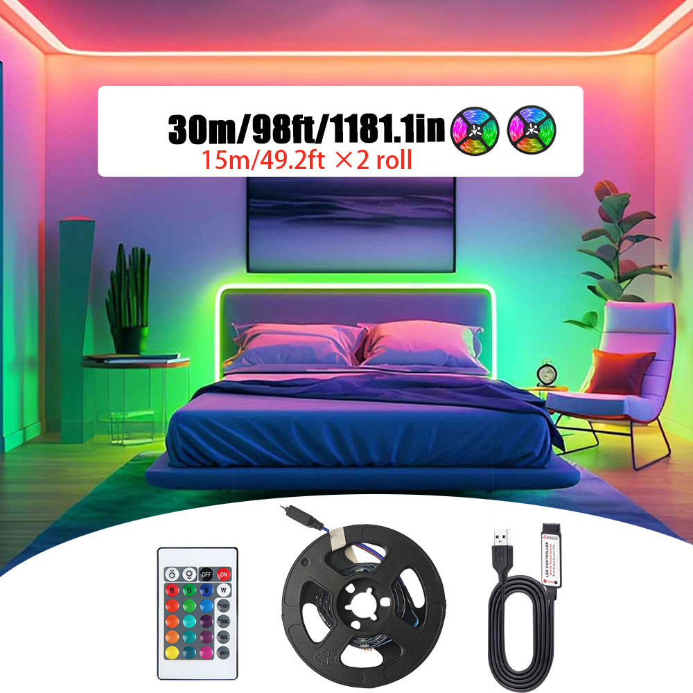 RGB 5050 LED灯带配24键控制器，变色发光LED灯串，39.37英寸至1574.8英寸LED灯带，适用于卧室、厨房、电视背景墙及节日装饰（圣诞节、万圣节、生日）