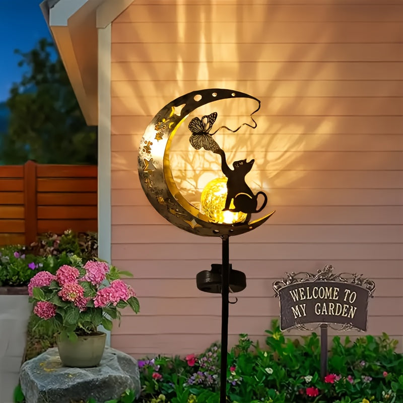 IP65 Solar Cat and Butterfly Outdoor Decorative Light, Solar Garden Metal Decorative Light, Solar Light Holiday Outdoor Display Lighting, Solar Garden Light, Solar Landscape Decoration, Suitable for Garden, Courtyard, Path, Gazebo