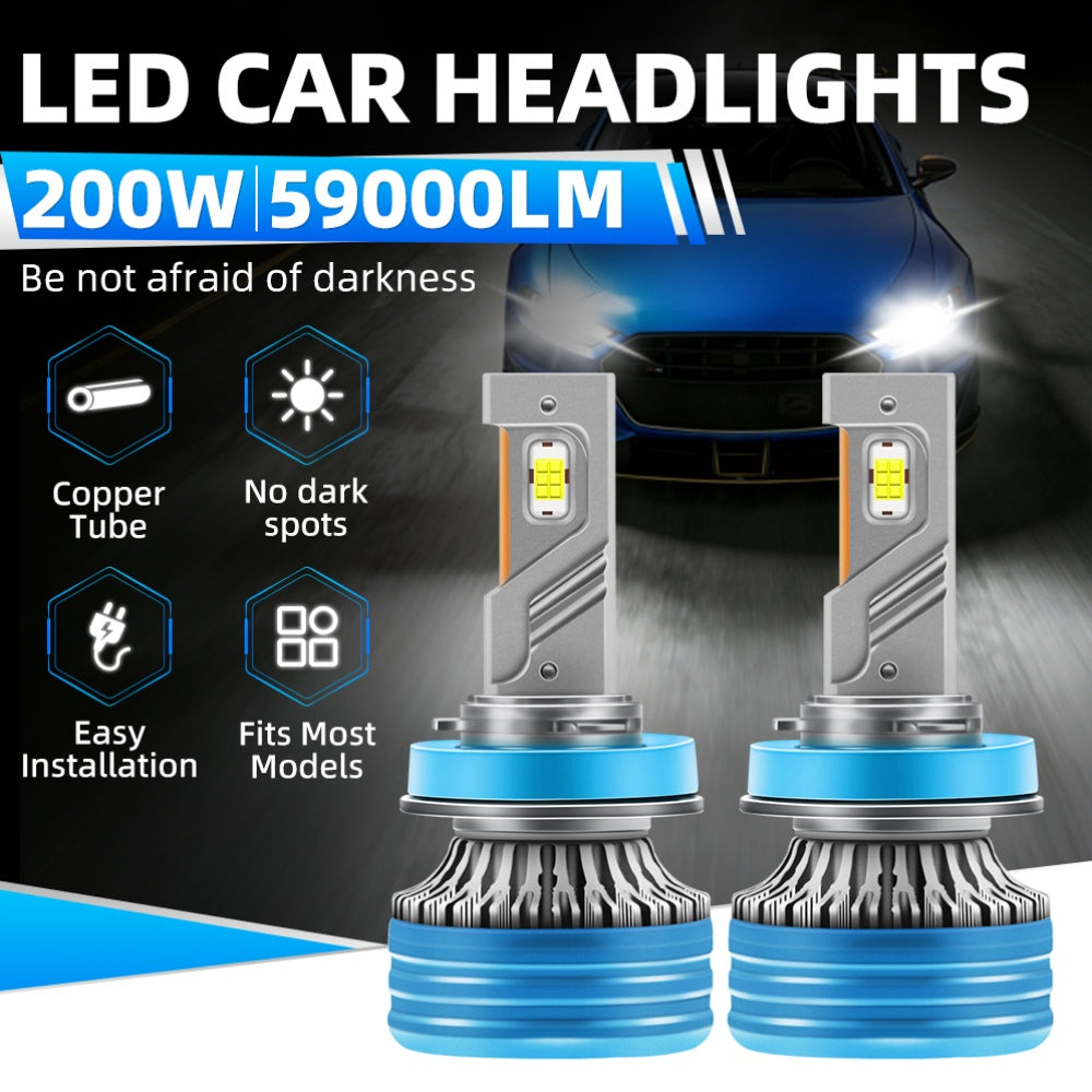 2 Pcs LED Car Headlights 200W 59000LM Super Bright White Turbo Fan Copper Tube No Black Spots Plug-and-Play Easy Installation 300m Lighting Range Fits Most Car Models, No Battery Included