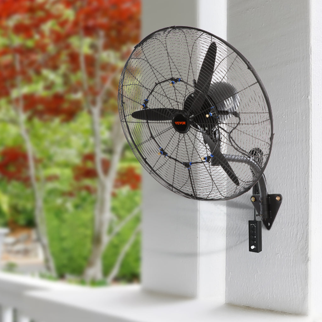 VEVOR Wall-Mount Misting Fan, 24"/30", 3-Speed High Velocity Max 7000 CFM / 9500 CFM, Waterproof Oscillating Industrial Wall Fan, Commercial/Residential for Warehouse, Greenhouse, Workshop, Black, ETL Listed