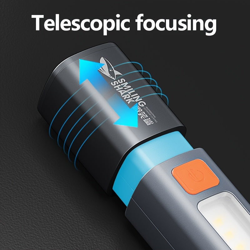 SMILING SHARK SD1023 Portable Flashlight, XPE Super Bright Spotlight - Zoomable COB Side Light, 3 Modes, Type-C Rechargeable, with Hook & Colorful Design, Ideal for Outdoor Camping, Hiking, Adventures & Home Gifts