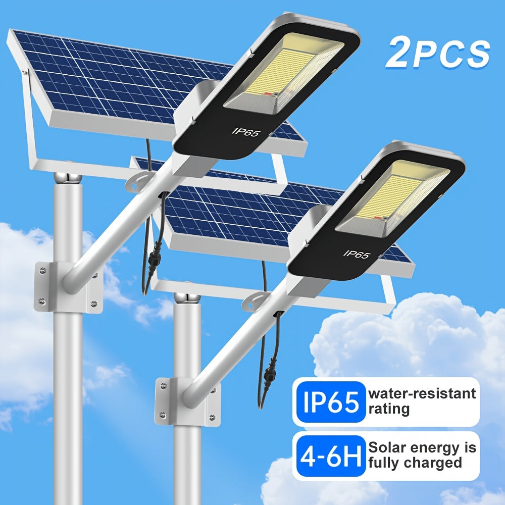 2 Pack Powerful Solar Street Light, IP65 Outdoor Light, 6500K Security Floodlight, Dusk to Dawn, with Remote Control, 6000mAh Large Capacity, High Brightness 375 LEDs, Perfect for Streets, Pathways, Courtyards, Gardens, Garages, Parking Lots