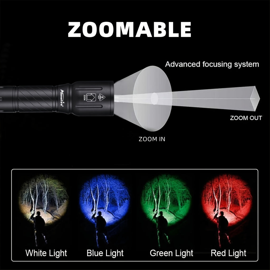 Alonefire X97 4-in-1 RGB LED Multi-Color Flashlight White/Blue/Green/Red Light Zoom Flashlight High Power Outdoor Hunting Photography Selfie Fill Light Portable Fishing Hiking Camping Light