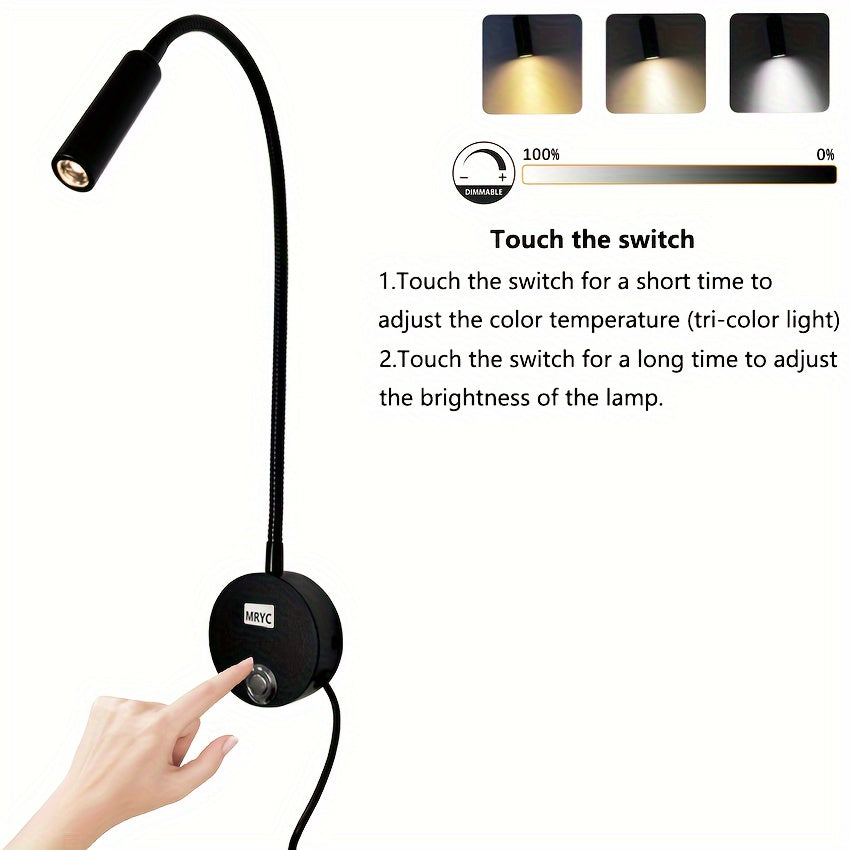 LED flexible gooseneck wall-mounted reading light, touch switch, 3 color options and dimmable illumination, suitable for desk or bedside, study light, workspace lighting, adjustable lamp, minimalist lamp, sturdy material