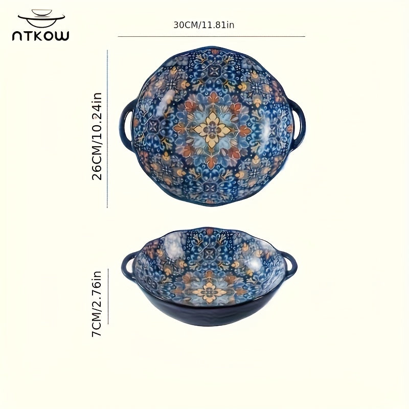 NTKOW 1 Piece Bohemian Style Large Soup Bowl / Soup Pot! Extra-Large Size with Double Ear Handles, Microwave Safe. Ideal for Family Soups or Gatherings. Suitable for Sea Shipping – Sturdy Design Ensures Transport Safety
