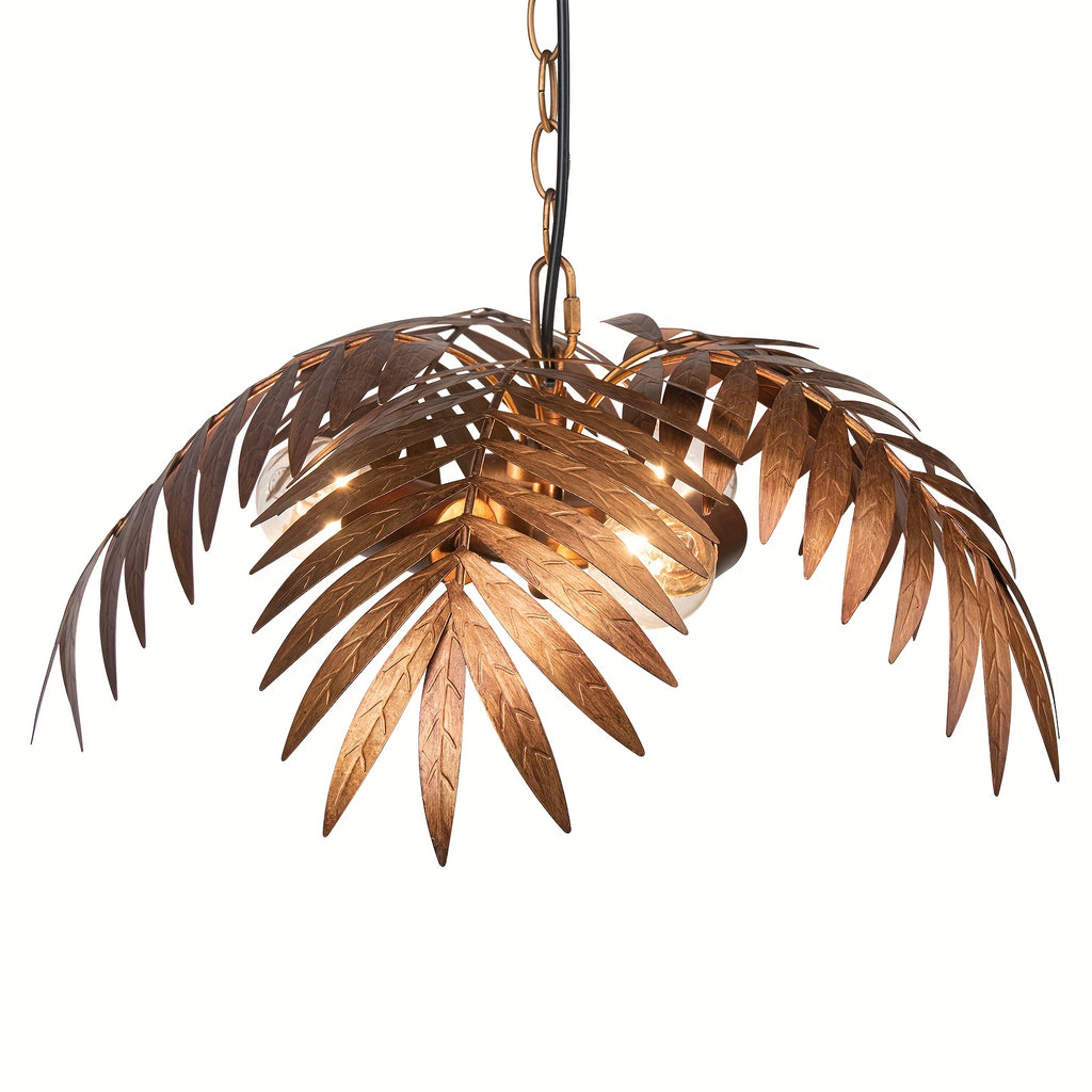 Vintage adjustable tropical palm branch pendant light - height-adjustable ceiling light fixture, with polished metal palm branches and leaves, semi-flush mount design, suitable for bedroom, hallway, bar (bulb not included)