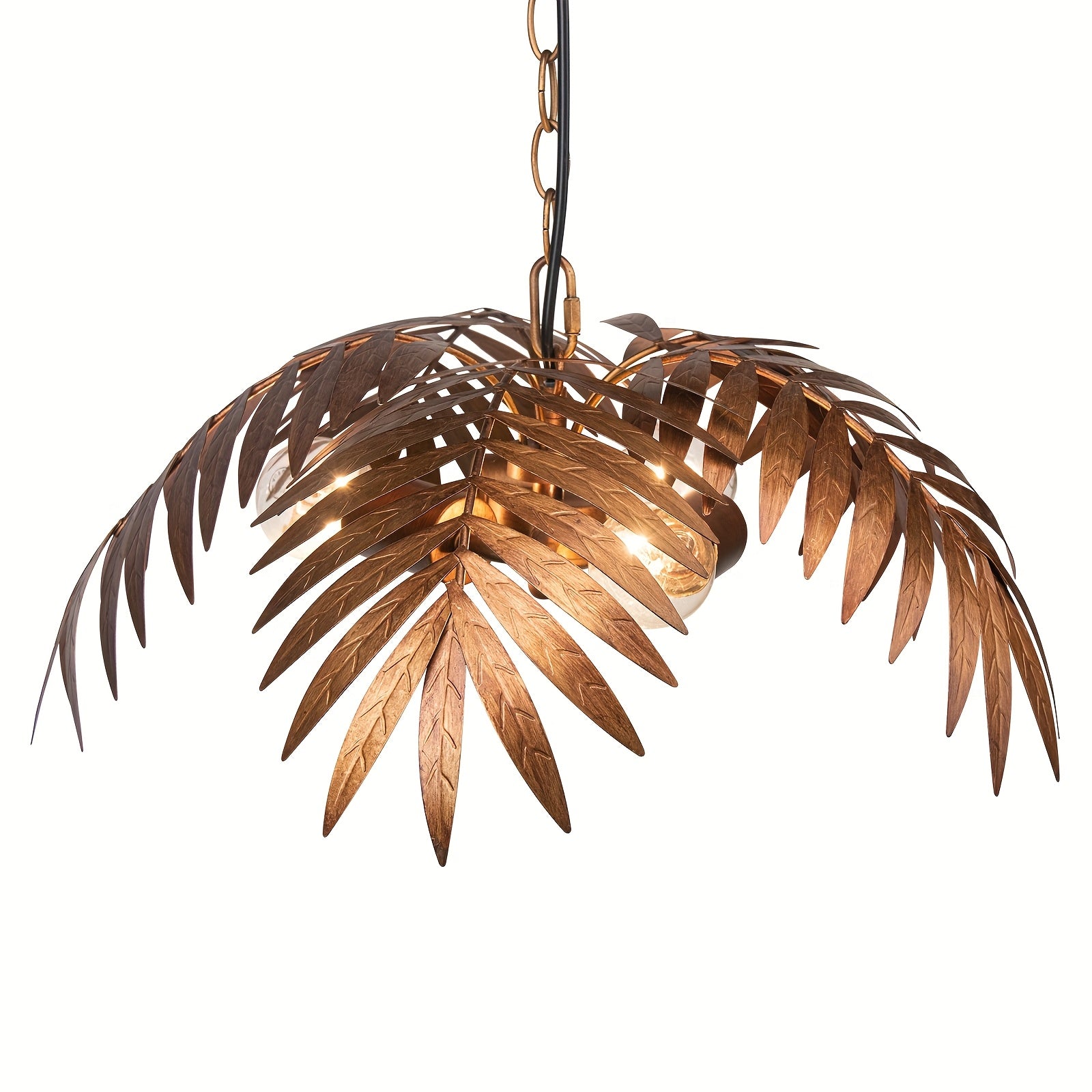 Vintage adjustable tropical palm branch pendant light - height-adjustable ceiling light fixture, with polished metal palm branches and leaves, semi-flush mount design, suitable for bedroom, hallway, bar (bulb not included)