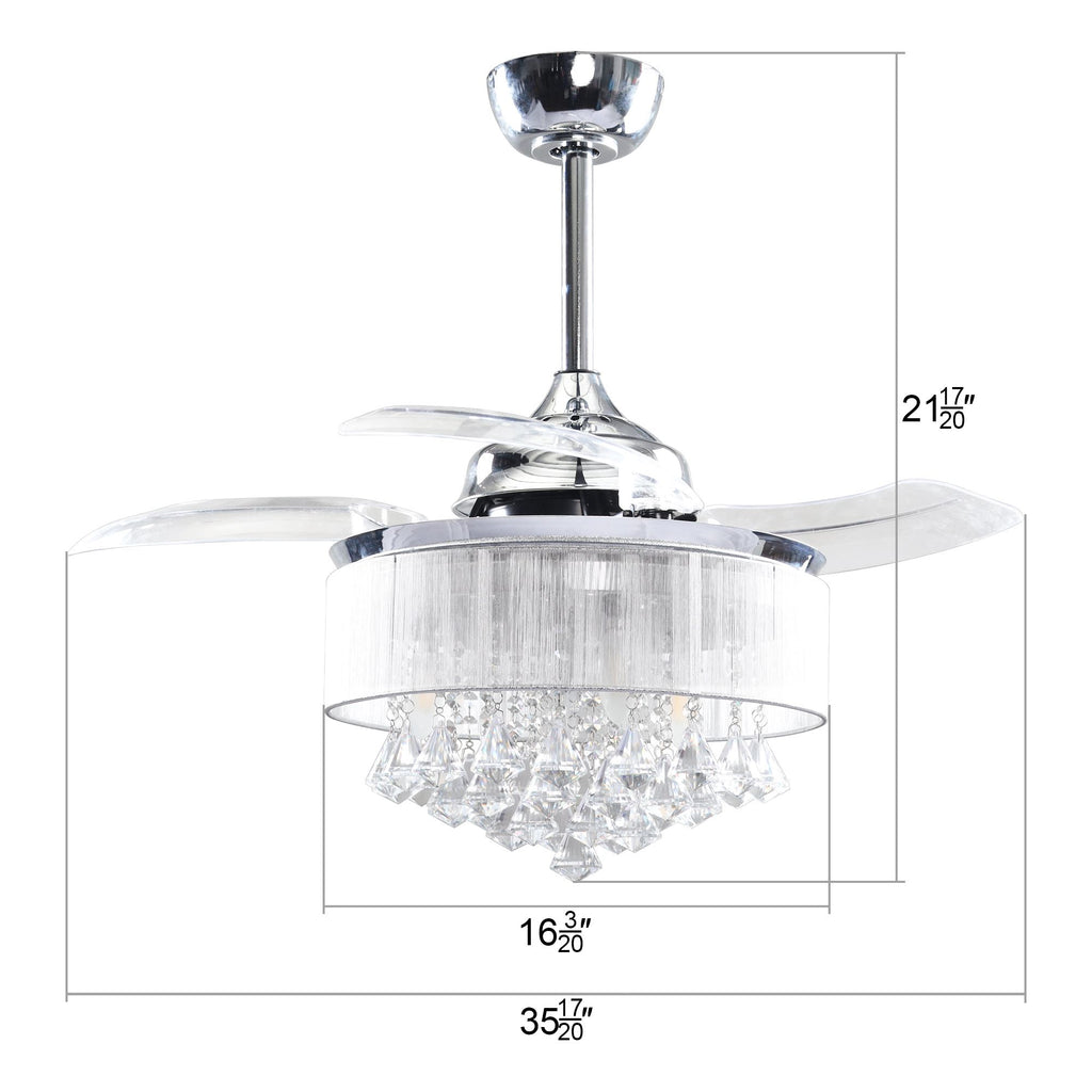 36 Inch Indoor Galvanized Downrod-Mount Retractable Crystal Ceiling Fan Chandelier with Remote & Lampshade