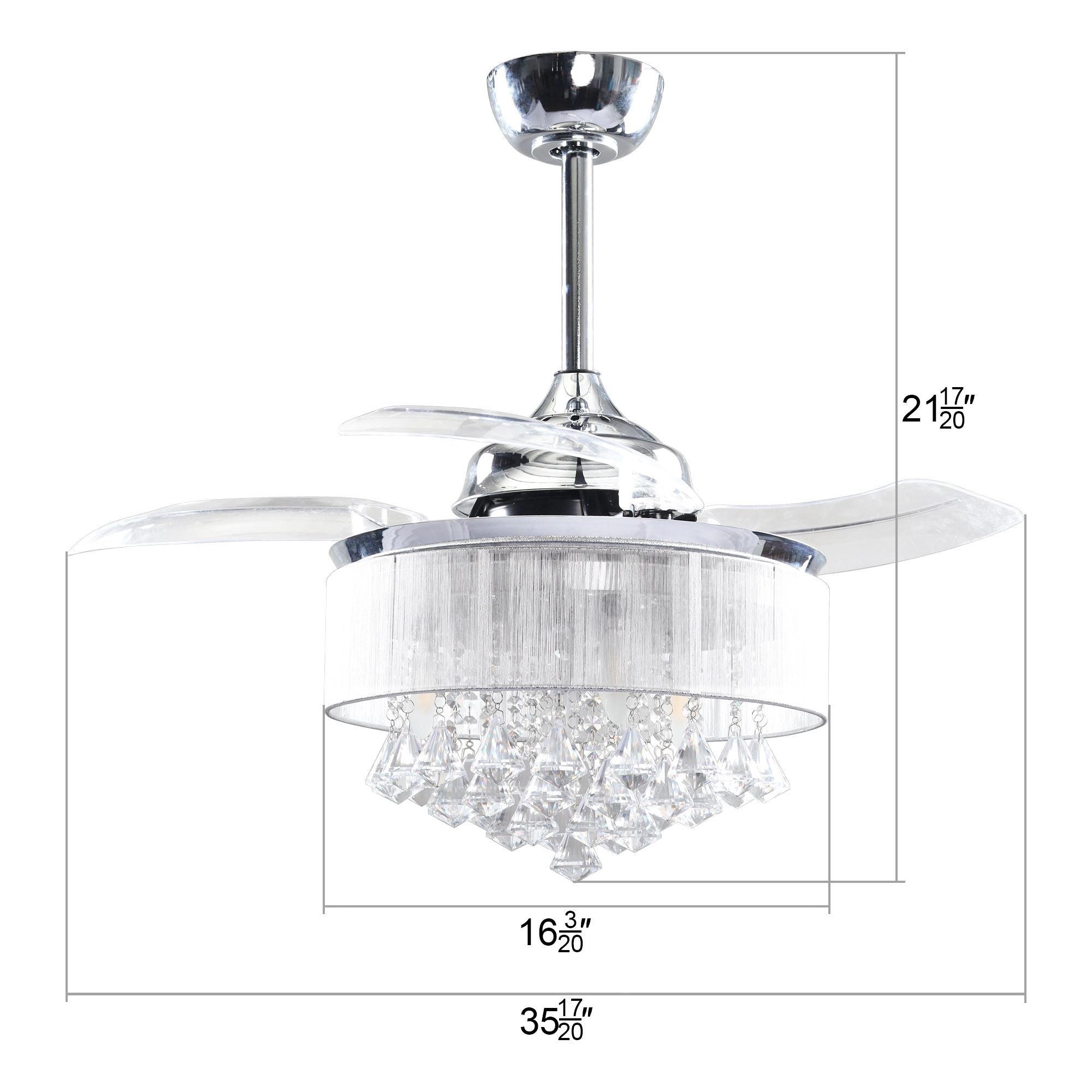 36 Inch Indoor Galvanized Downrod-Mount Retractable Crystal Ceiling Fan Chandelier with Remote & Lampshade