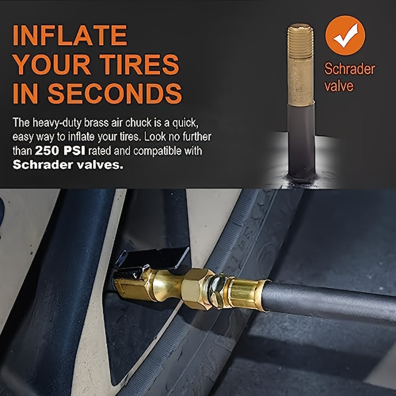 1pc Heavy Duty Locking Tire Inflator Chuck – Brass Construction with Quick-Connect Clip, Golden Finish & American NPT Thread, for Fast Airflow