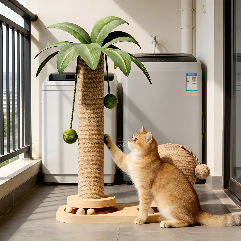 椰子树实木猫咪旋转抓挠柱，带猫咪诱导棒，耐用猫抓板和剑麻猫爬架