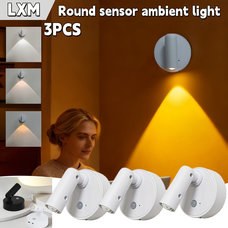 Modern style round sensor wall light, ambiance spotlight, LED wall light set (3-pack) - 350-degree rotatable indoor lighting lamp, three-color dimmable + RGBW multiple colors, Type-C charging + large capacity battery
