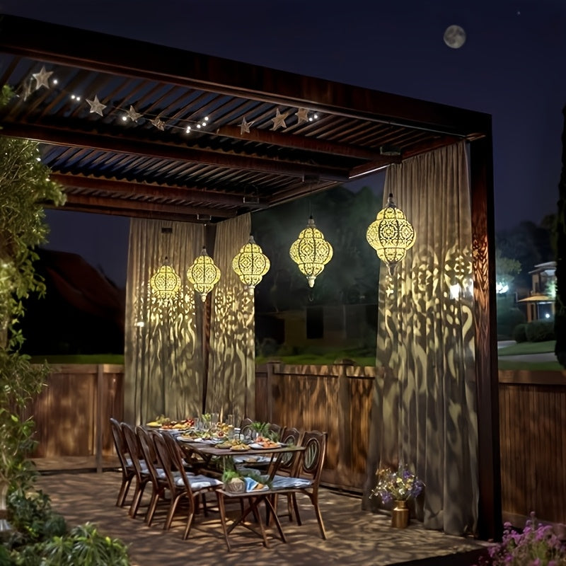 Two-Piece Solar Lantern, Colorful Large Round Moroccan Style Outdoor Hanging Light, Hollow Design, Waterproof, Suitable for Garden, Courtyard, Path, Halloween and Christmas Decoration