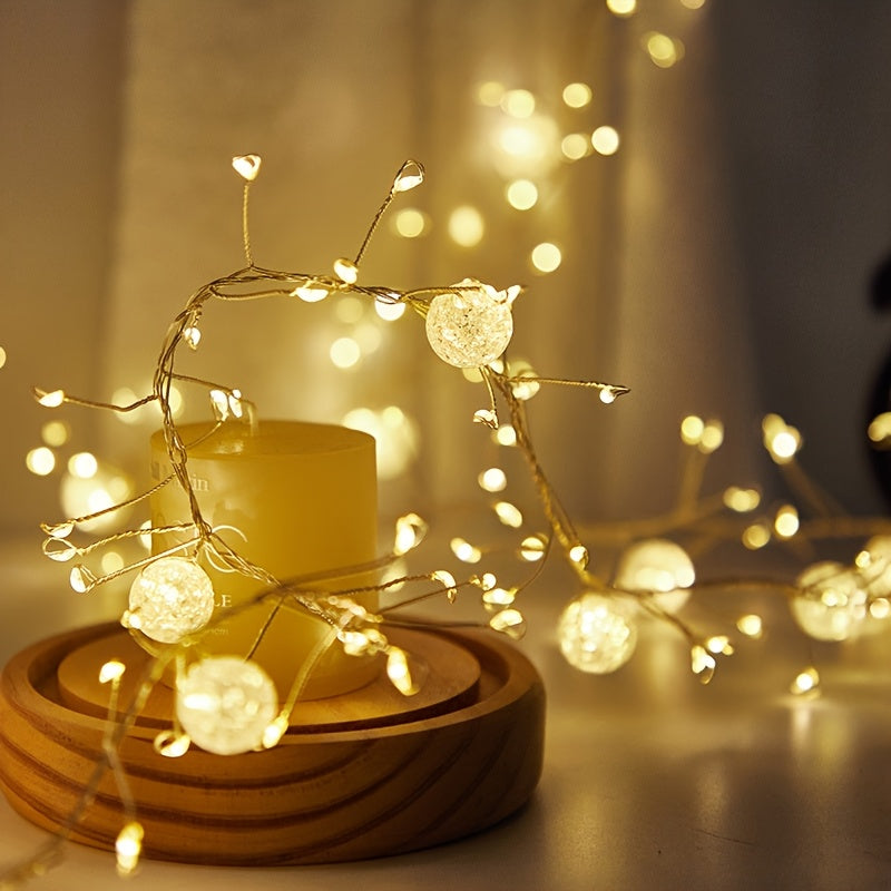 1PC 60/100颗LED冰晶灯串 - 200厘米-78.74英寸/300厘米-118.11 英寸暖白色智能调光/自动开关定时器，无需插电，适用于婚礼、派个、圣诞树、家居装饰（不含AA电池）, 圣诞装饰品, 圣诞家居装饰品, 圣诞节餐桌装饰, 圣诞花环, 美学房间装饰, 圣诞节家居装饰品, 婚礼装饰品