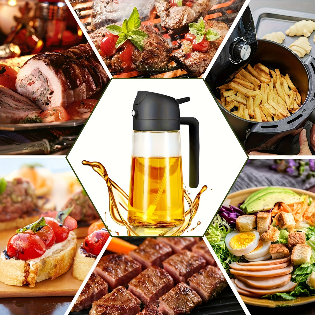 16 Oz Glass Oil Spray Bottle - 470ml Olive Oil Sprayer, 2-in-1 Kitchen Gadget, Perfect for Cooking, Salad Dressing and Barbecue, Square Design with Black Lid, Hand Wash Only, PVC Free