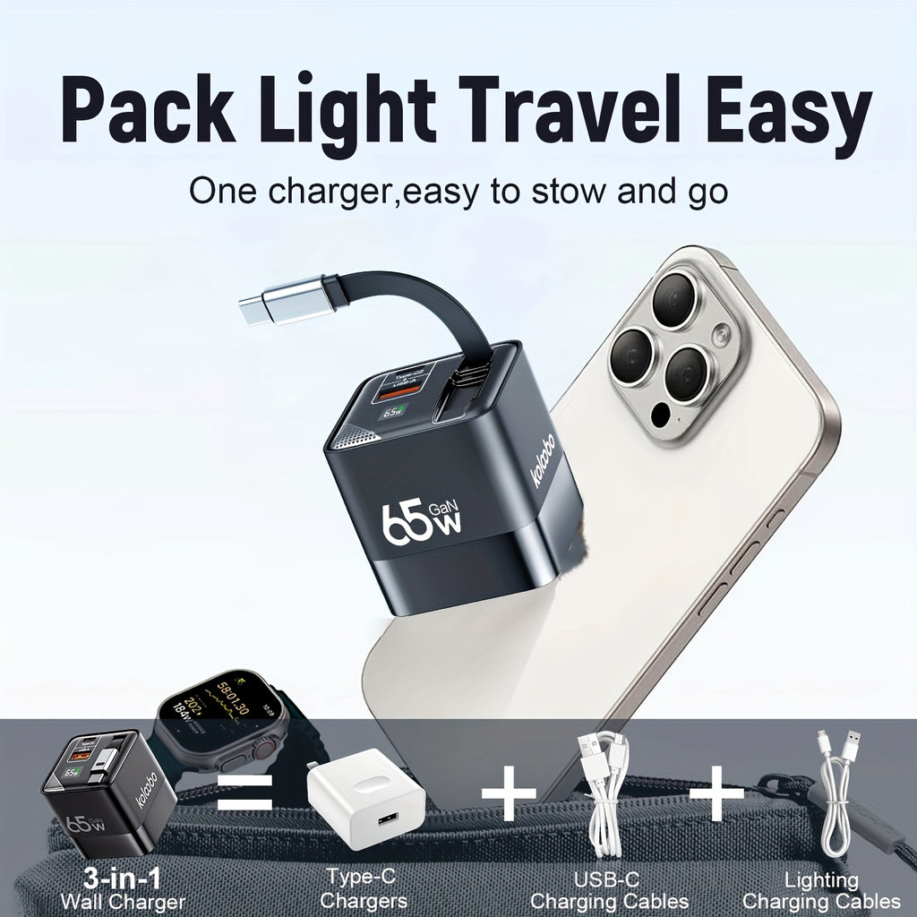 65W Portable Fast Charger with a Retractable Cable And Foldable Plug, Designed for Travel. Compatible with for iphone 17/16/Pro/Pro Max/15/14 And Galaxy/Ultra Series. The Charging Cable Retracts for Easy Storage And Portability