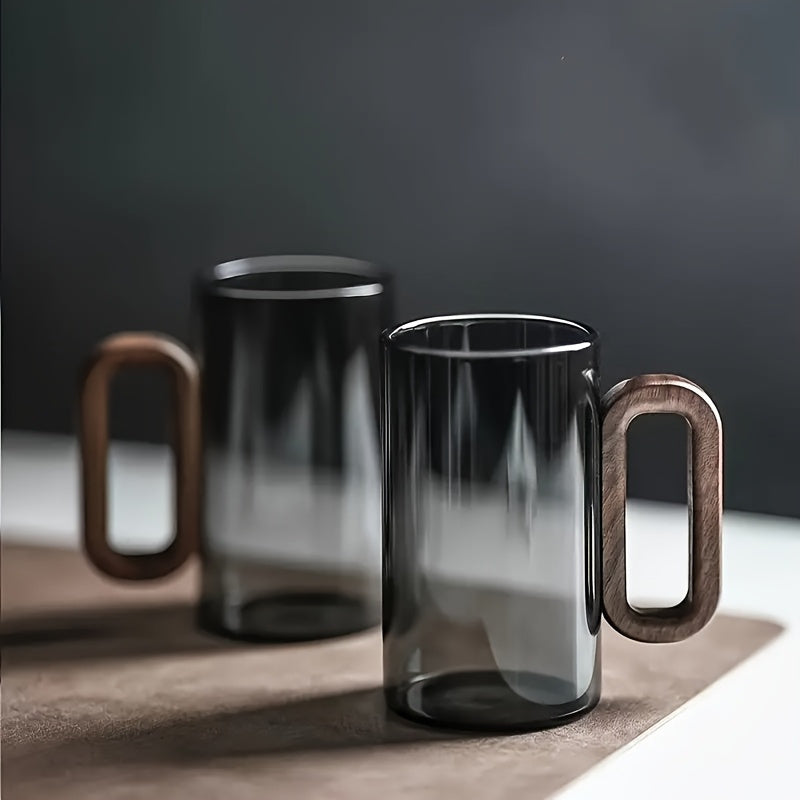 6-Piece High-Borosilicate Glass Cup Set – High Appearance Value, Heat-Resistant Glass Cups for Home Use – Living Room Wood Handle Cups – Black Walnut Wood Tea Cup Set